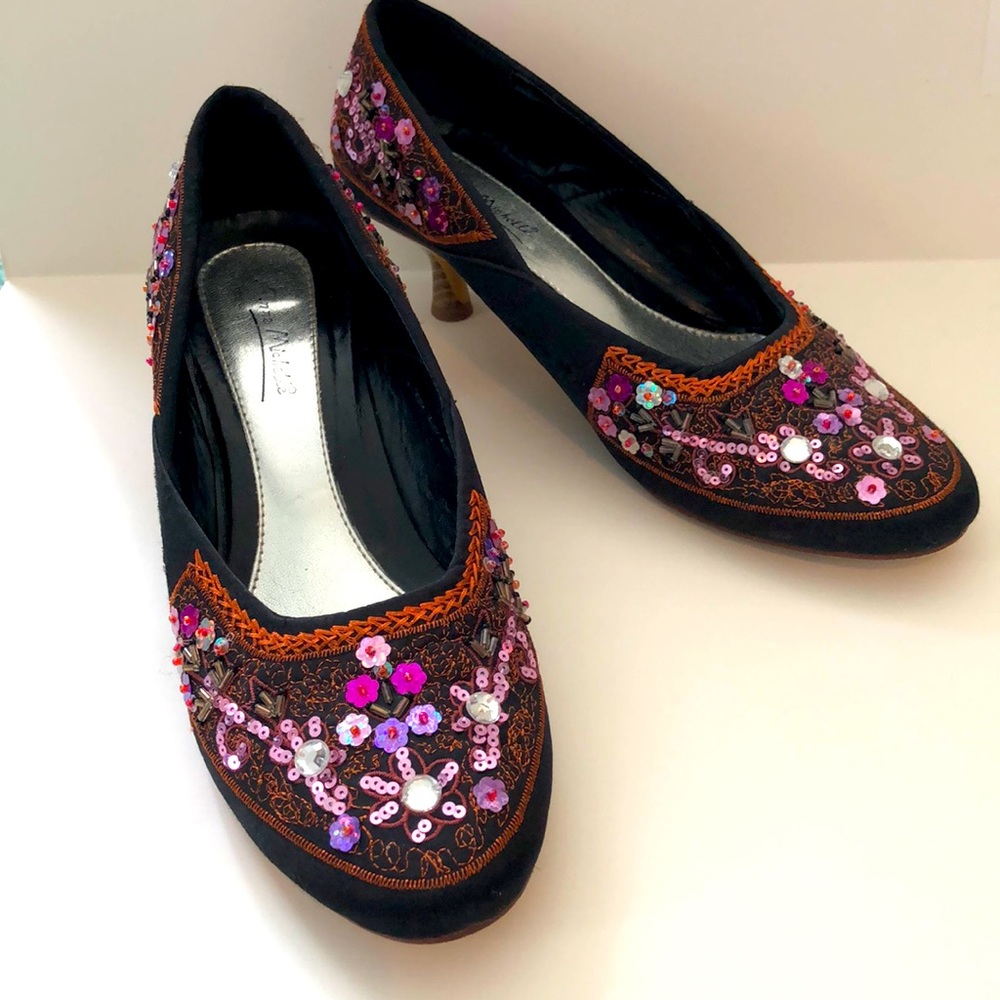 Anne Michelle Black Heels with Sequin Flowers